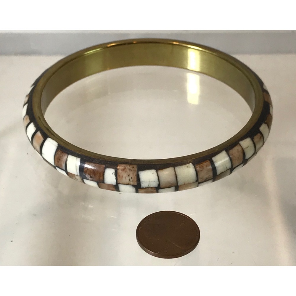 VTG Brass Brown Ivory Bone Inlay Bracelet - Picture 4 of 6